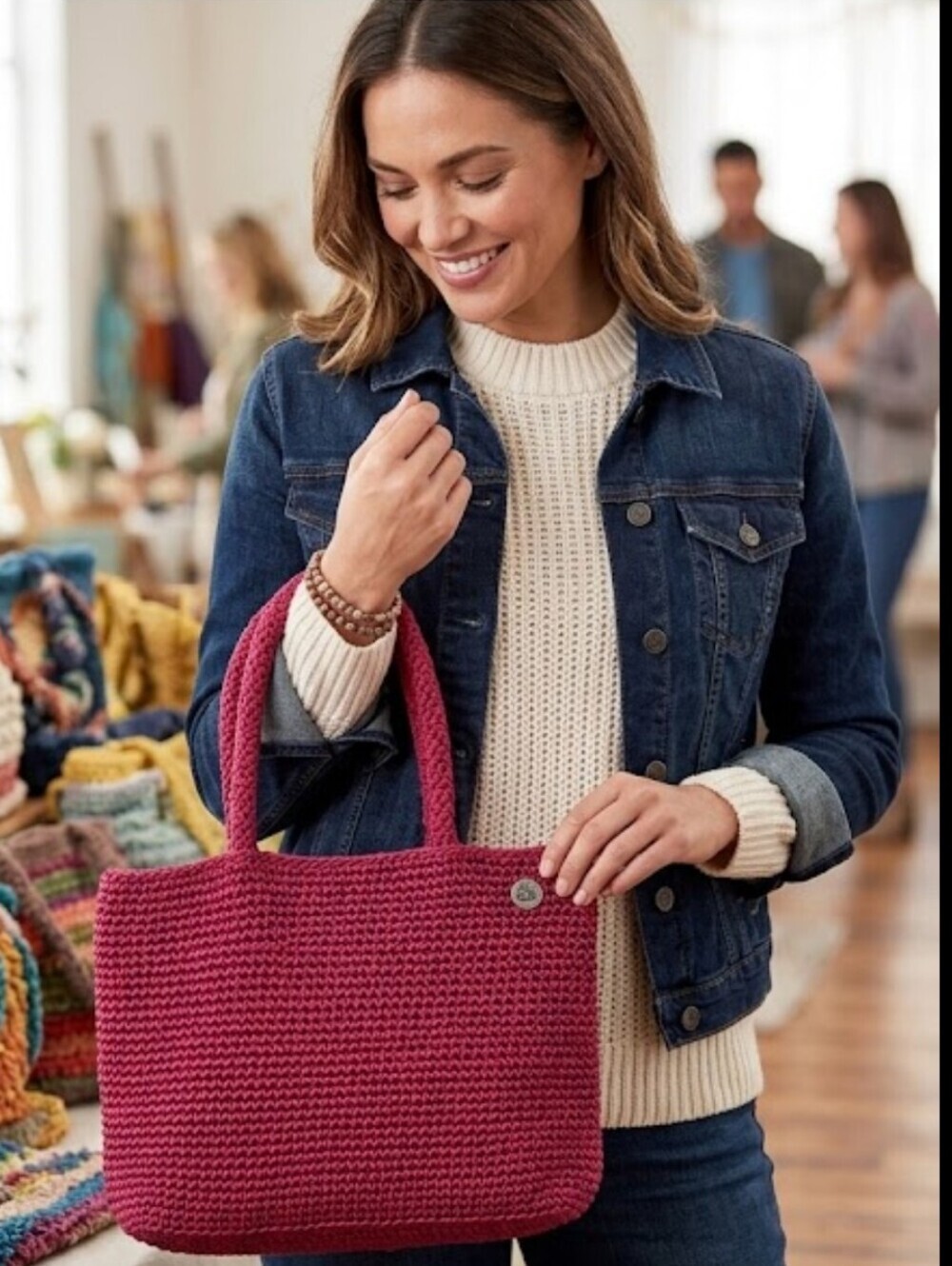 SAK Red Woven Satchel Bag Red Nylon Fob and Key Clasp